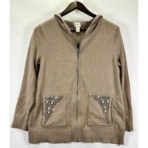 ZENERGY by CHICOS Zip Front Sweater Size 1 with Rhinestone & Pearl Tan Size 1